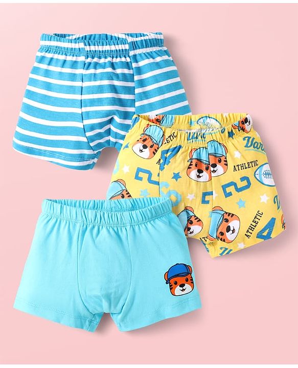 Babyhug 100% Cotton Above Knee Length Trunk With Stripes & Animal Print Pack Of 3 - Light Blue & Yellow