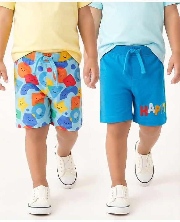 Babyhug Single Jersey Knit Mid Thigh Shorts with Happy Text Print Pack Of 2 - Blue