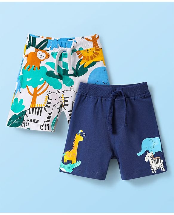 Babyhug Cotton Knit Mid Thigh Shorts with Animal Print Pack of 2 - Navy Blue & White