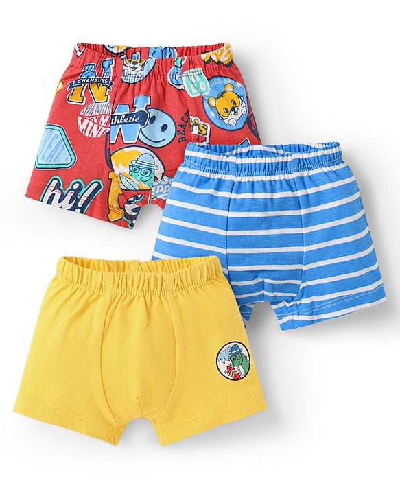 Babyhug 100% Cotton Single Jersey Knit Trunks With Stripes & Animal Print Pack Of 3 - Red Light Blue & Yellow