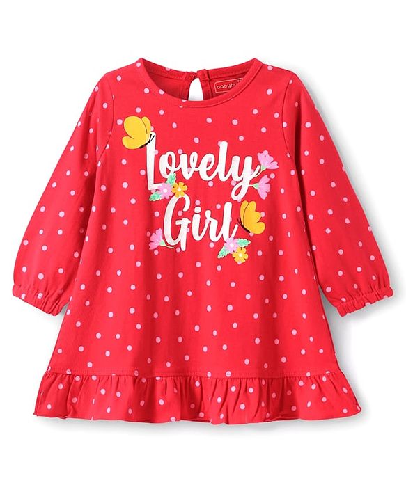 Babyhug Cotton Knit Full Sleeves Nighty with Frill Polka Dot & Lovely Girl Text Print - Red