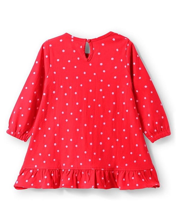 Babyhug Cotton Knit Full Sleeves Nighty with Frill Polka Dot & Lovely Girl Text Print - Red