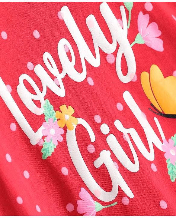 Babyhug Cotton Knit Full Sleeves Nighty with Frill Polka Dot & Lovely Girl Text Print - Red