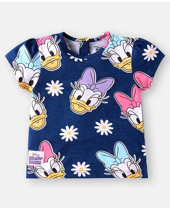 Babyhug Disney Single Jersey Knit Half Sleeves T-Shirt & Shorts Set With Daisy Duck Graphics & Frill Detailing - Navy Blue & Pink