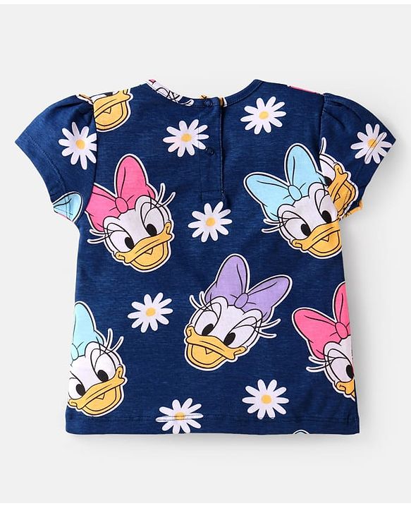 Babyhug Disney Single Jersey Knit Half Sleeves T-Shirt & Shorts Set With Daisy Duck Graphics & Frill Detailing - Navy Blue & Pink