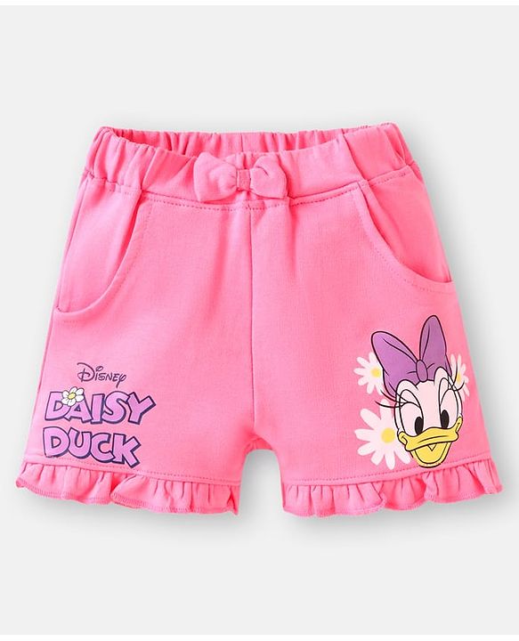 Babyhug Disney Single Jersey Knit Half Sleeves T-Shirt & Shorts Set With Daisy Duck Graphics & Frill Detailing - Navy Blue & Pink