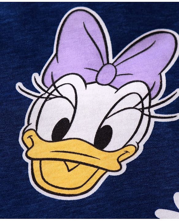 Babyhug Disney Single Jersey Knit Half Sleeves T-Shirt & Shorts Set With Daisy Duck Graphics & Frill Detailing - Navy Blue & Pink