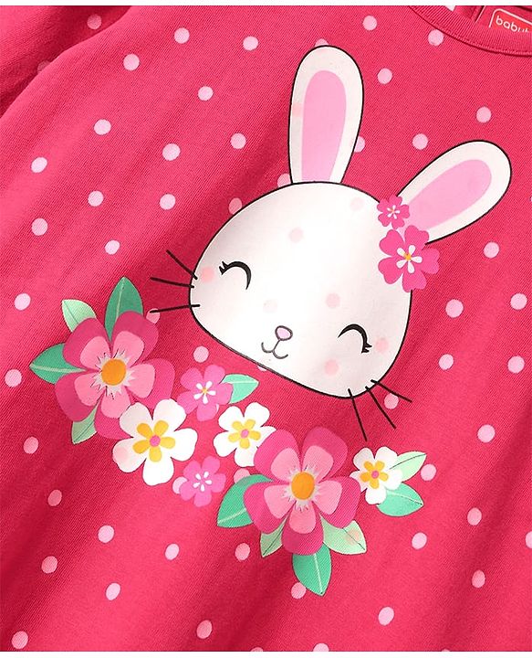 Babyhug Cotton Knit Full Sleeves Nighty with Frill Polka Dot & Bunny Print - Red