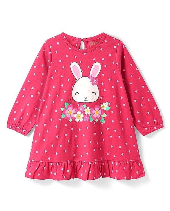 Babyhug Cotton Knit Full Sleeves Nighty with Frill Polka Dot & Bunny Print - Red