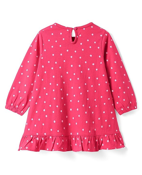 Babyhug Cotton Knit Full Sleeves Nighty with Frill Polka Dot & Bunny Print - Red