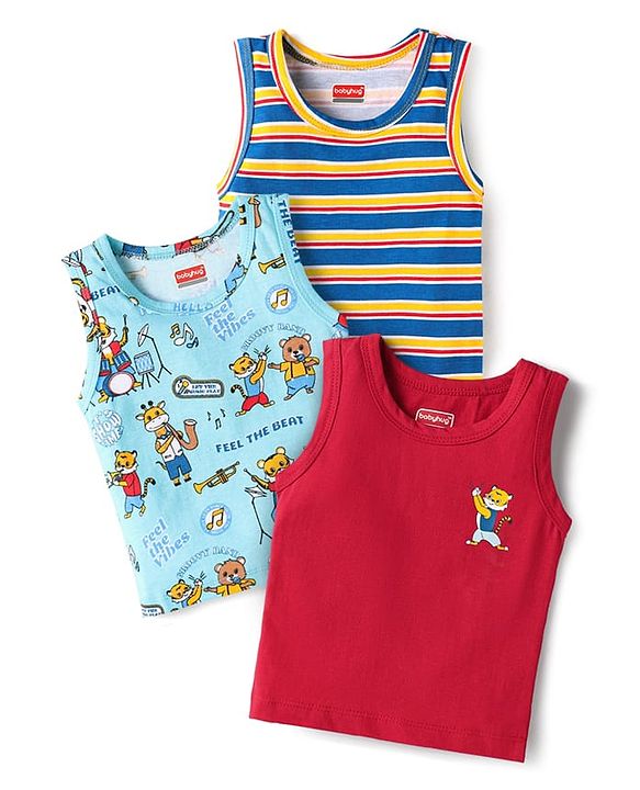 Babyhug 100% Cotton single Jersey Knit Sleeveless Sandos With Striped & Animal Print Pack Of 3 - Red Blue & Light Blue