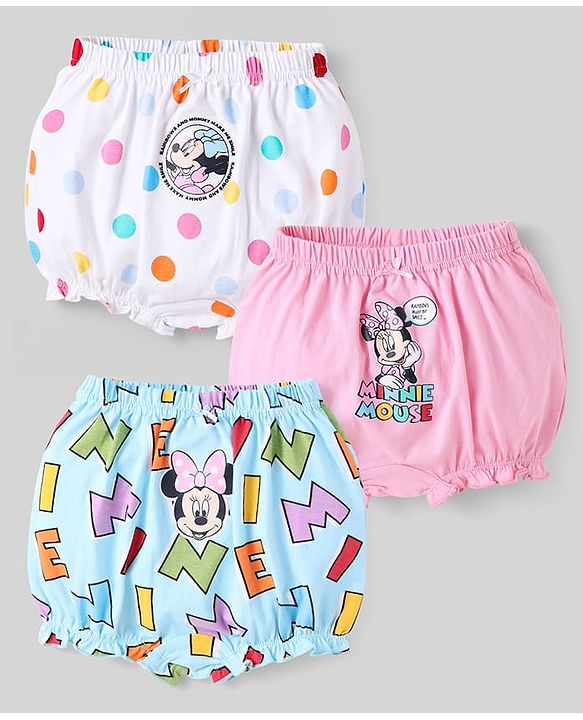 Babyhug Disney Cotton Knit Bloomers With Minnie Mouse Graphics - Pink Light Blue & White