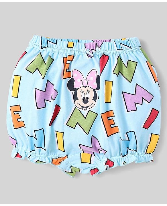 Babyhug Disney Cotton Knit Bloomers With Minnie Mouse Graphics - Pink Light Blue & White