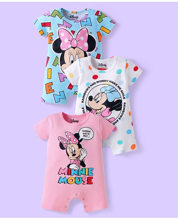 Babyhug Disney Interlock Knit Half Sleeves Rompers with Minnie Mouse Graphics Pack of 3 - Pink Light Blue & White