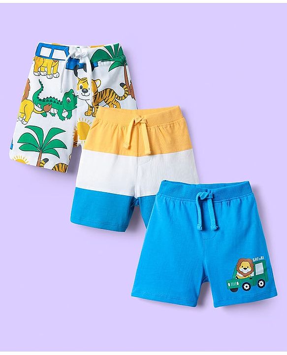 Babyhug Cotton Single Jersey Knit Mid Thigh Shorts With Stripes & Animal Print Pack Of 3 - Light Blue Yellow & White