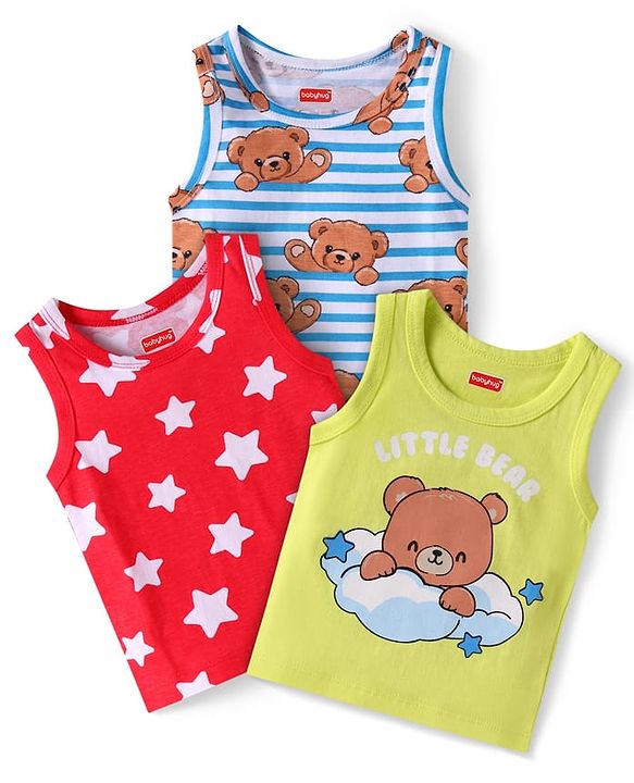 Babyhug 100% Cotton Knit Sleeveless Sandos with Bear & Stars Print Pack of 3 - Red Light Green & Blue