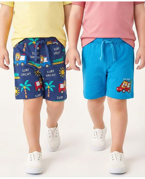 Babyhug Cotton Knit Mid Thigh Shorts with Beach Theme Print Pack of 2 - Navy & Light Blue