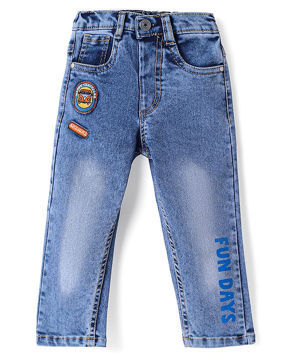 Babyhug Denim Full Length Jeans With Stretch Vehicle Embroidery Patch -  Blue