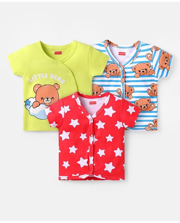 Babyhug 100% Cotton Knit Half Sleeves Front Open Vests With Star & Teddy Print Pack Of 3 - Red & Light Blue