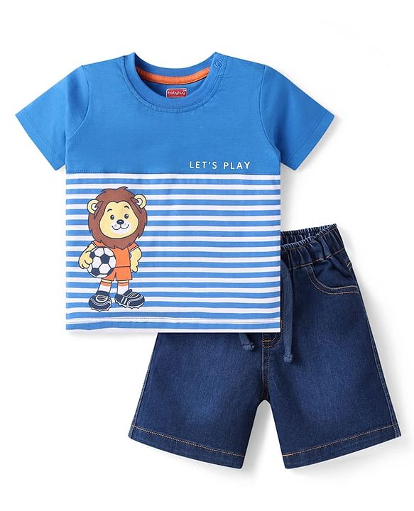 Babyhug Single Jersey Knit Half Sleeves T-Shirt & Denim Shorts Set With Lion Print - Blue