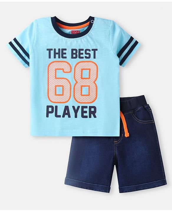 Babyhug Single Jersey Knit Half Sleeves T-Shirt & Denim Shorts Set with Text Print & Tape Detailing - Light Blue