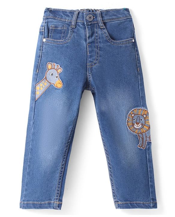 Babyhug Denim Full Length Washed Jeans With Stretch & Animal Patch -Blue