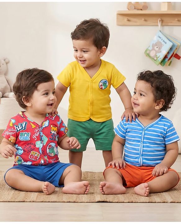Babyhug 100% Cotton Interlock Knit Front Open Vests With Striped & Text Print Pack Of 3 - Light Blue Yellow & Red
