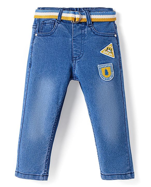 Babyhug Full Length Washed Denim Jeans With Stretch & Tree Patch - Blue