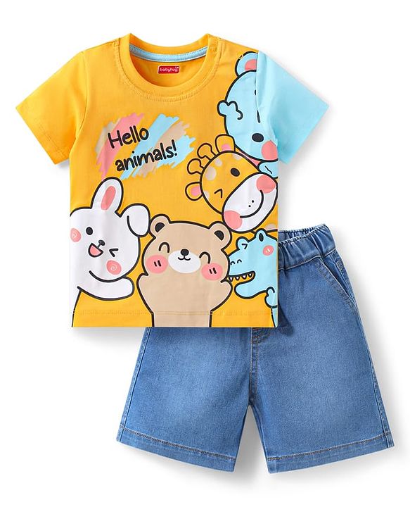 Babyhug Knitted Half Sleeves Animal Printed T-Shirt & Denim Shorts Set - Yellow & Blue