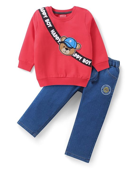 Babyhug Terry Knit Full Sleeves Sweatshirt & Denim Jeans Set With Teddy Bear Patch - Red & Blue