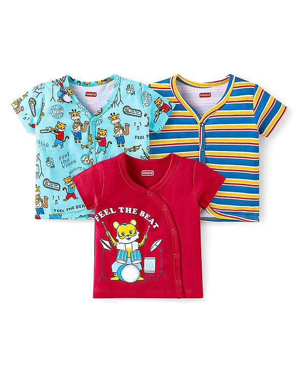 Babyhug 100% Cotton Knit Half Sleeves Front Open Jhablas With Stripes & Animal Print Pack Of 3 - Red & Light Blue