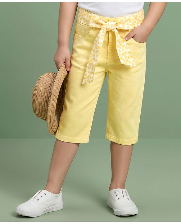 Babyhug Twill Woven Solid Capri with Stretch & Fabric Belt - Yellow