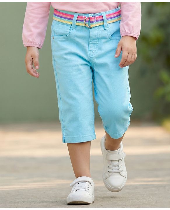 Babyhug Twill Woven Solid Capri with Stretch & Fabric Belt - Light Blue