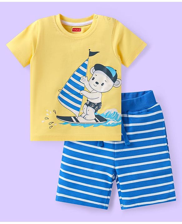 Babyhug Single Jersey Knit Half Sleeves T-Shirt & Striped Shorts Set With Animal Print - Yellow & Blue