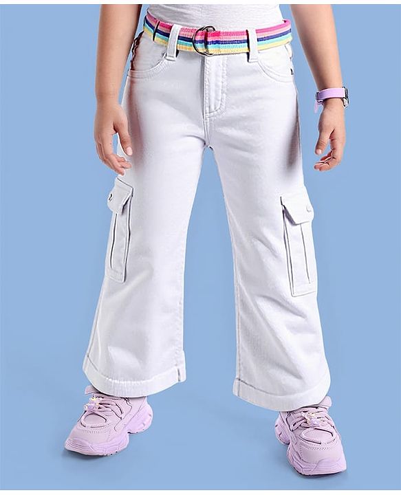 Babyhug Twill Woven Full Length Solid Color Flared Pants with Belt - White