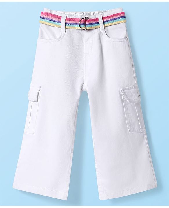 Babyhug Twill Woven Full Length Solid Color Flared Pants with Belt - White