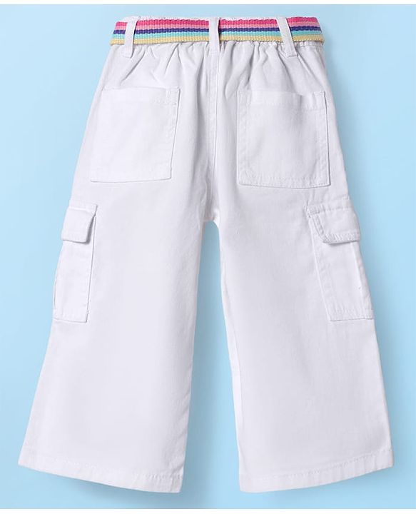 Babyhug Twill Woven Full Length Solid Color Flared Pants with Belt - White