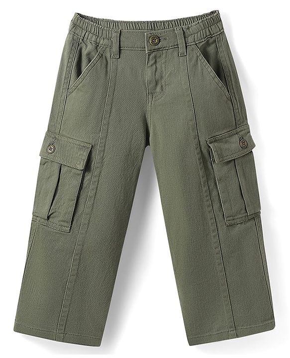 Babyhug Twill Woven Full Length Wide Leg Solid Color Trouser with Stretch - Olive Green