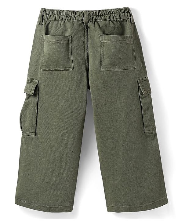 Babyhug Twill Woven Full Length Wide Leg Solid Color Trouser with Stretch - Olive Green