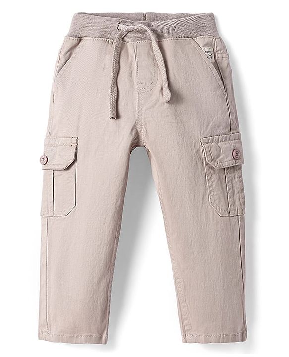 Babyhug Twill Woven Full Length Solid Color Stretchable Trouser with Cargo Pockets - Beige