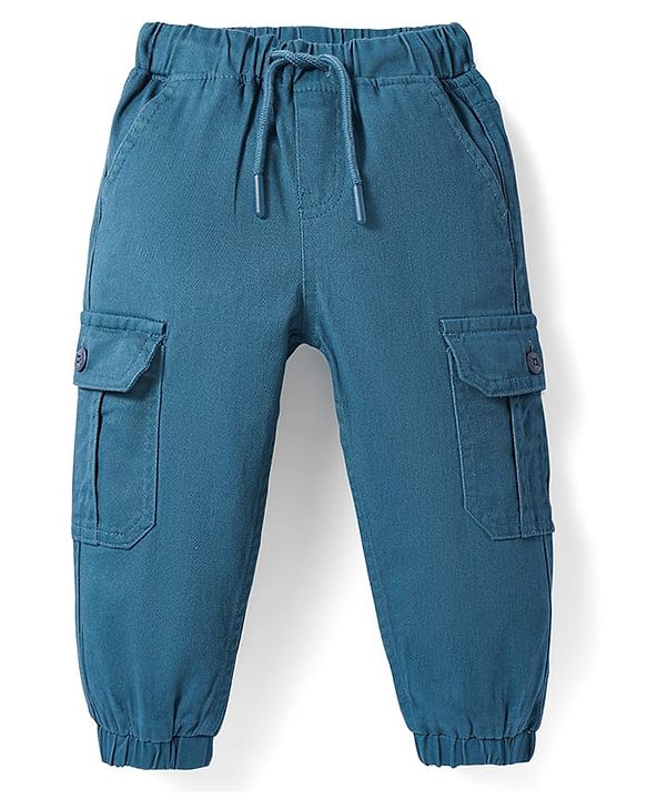 Babyhug Twill Woven Full Length Solid Color Stretchable Trouser with Cargo Pockets - Teal Blue
