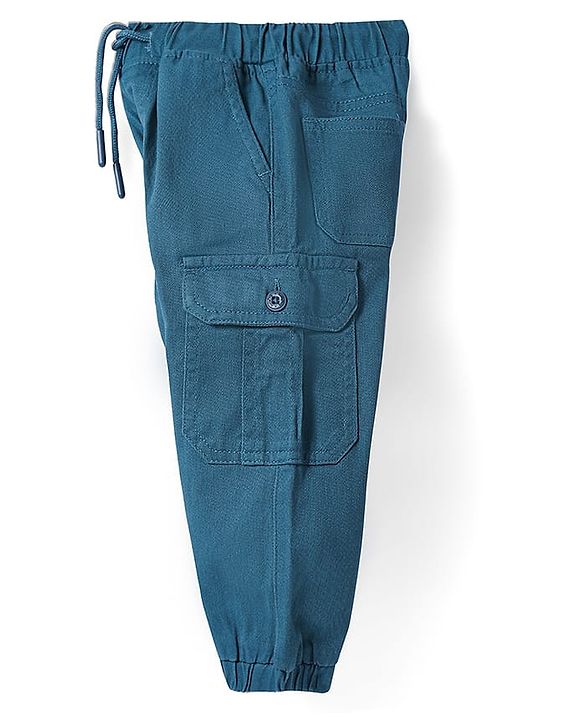 Babyhug Twill Woven Full Length Solid Color Stretchable Trouser with Cargo Pockets - Teal Blue