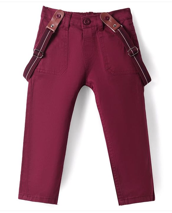 Babyhug Twill Woven Full Length Solid Trouser with Stretch & Suspender - Maroon
