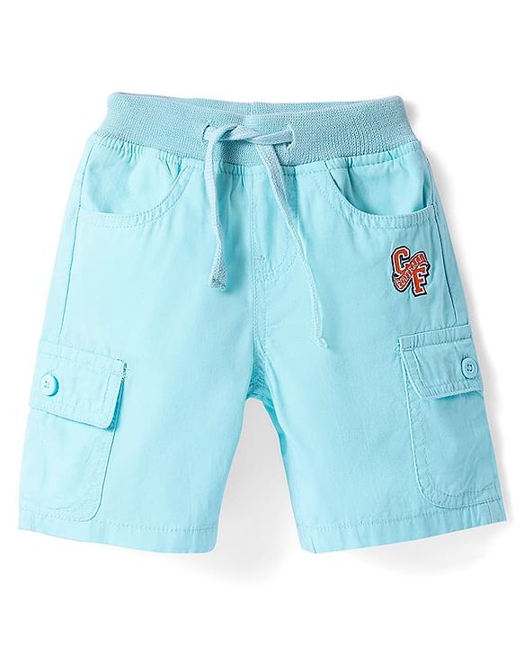 Babyhug Cotton Knit Above Knee Length Bermuda with Stretch & Text Embroidery - Light Blue