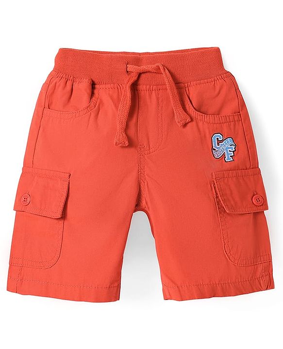 Babyhug Twill Woven Above Knee Length Bermuda With Stretch Football Embroidery & Pockets - Dark Orange