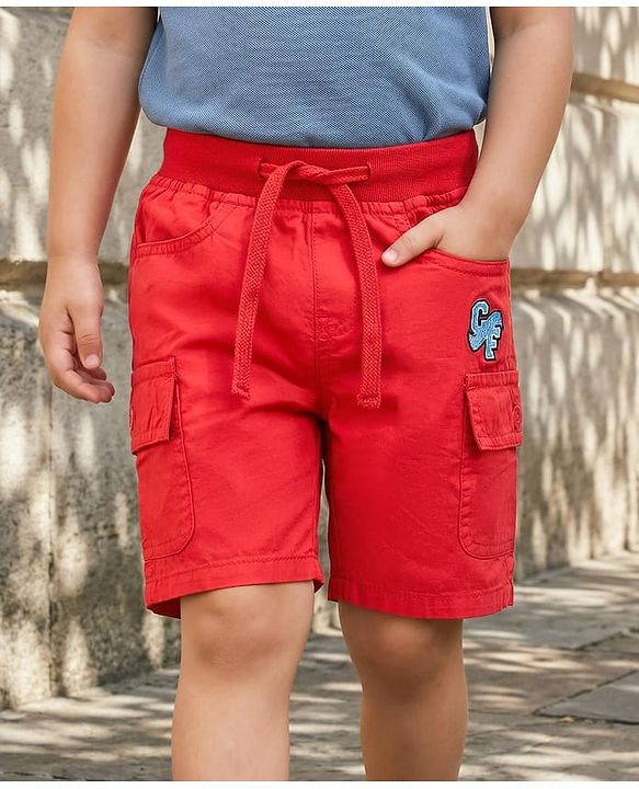 Babyhug Twill Woven Above Knee Length Bermuda with Text Embroidery -  Red