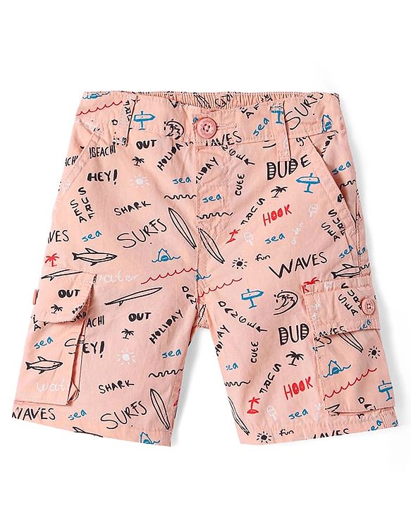 Babyhug Poplin Woven Above Knee Length Bermuda with Beach Print - Peach