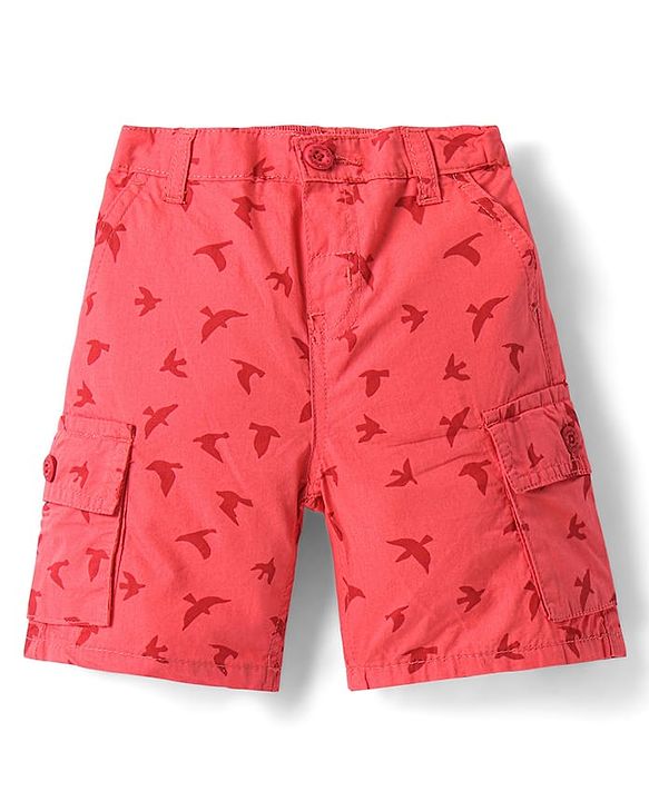Babyhug Cotton Woven Above Knee Length Bermuda with Bird Print - Coral