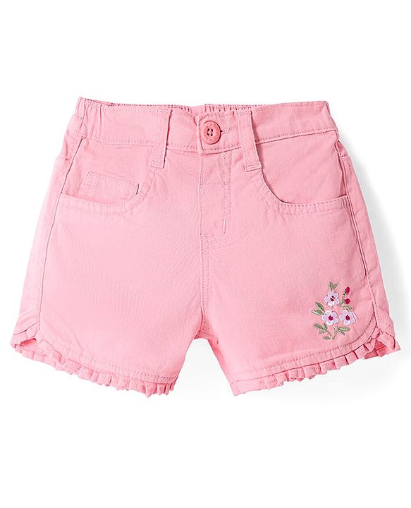Babyhug Twill Woven Mid Thigh Shorts With Stretch Floral Embroidery & Frill Detailing - Pink