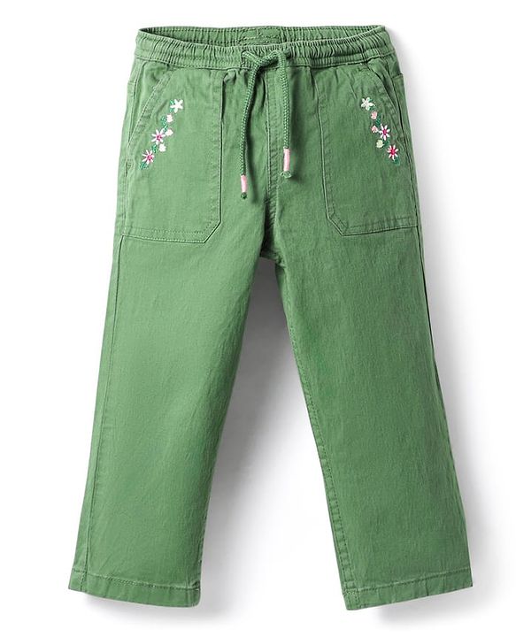 Babyhug Twill Woven Full Length Trouser with Stretch & Floral Embroidery - Green